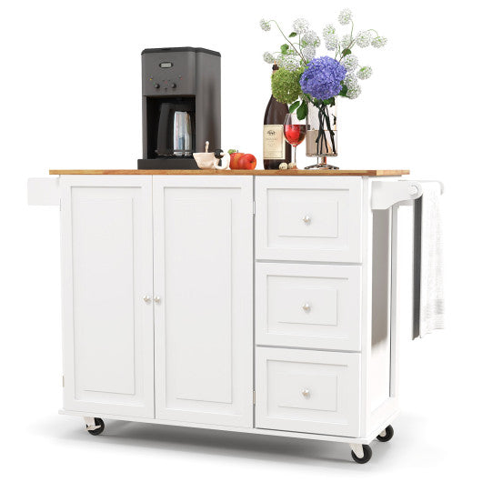 Costway White Kitchen Island Trolley Cart Wood with Drop-Leaf Tabletop and Storage Cabinet