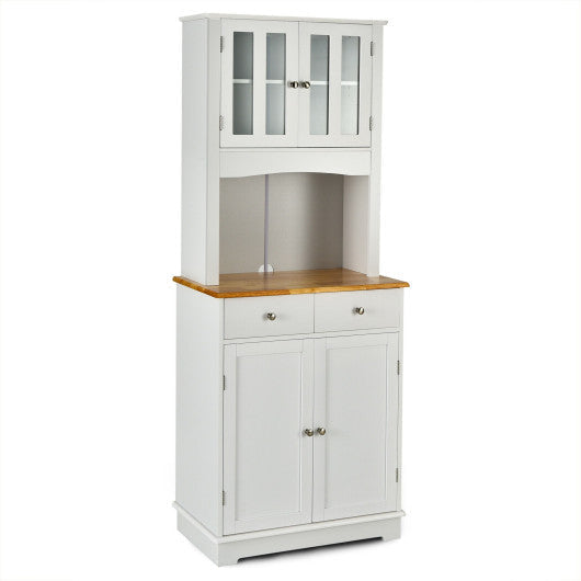 Costway White Kitchen Pantry Cabinet with Wood Top and Hutch