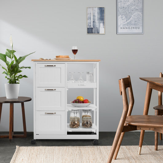 Costway White Rolling Kitchen Island Utility Storage Cart with 3 Large Drawers