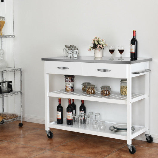 Costway White Rolling Kitchen Trolley Cart Island with Stainless Steel Countertop