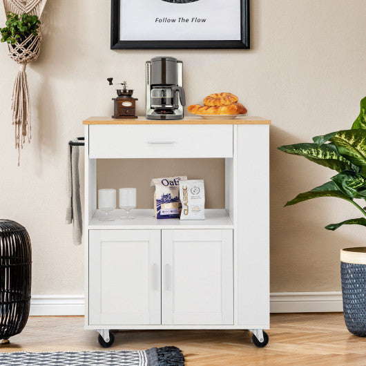 Costway White Rolling Kitchen Trolley with 3 Spice Racks Drawer and Open Shelf