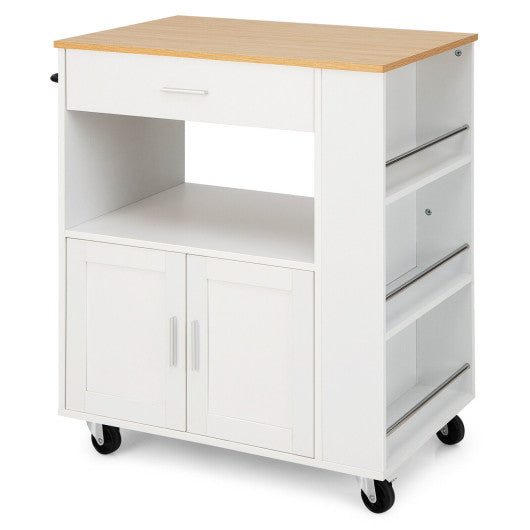 Costway White Rolling Kitchen Trolley with 3 Spice Racks Drawer and Open Shelf