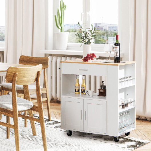 Costway White Rolling Kitchen Trolley with 3 Spice Racks Drawer and Open Shelf