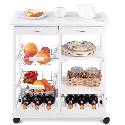 Costway White Rolling Wood Kitchen Trolley Cart Island Shelf w/ Storage Drawers Baskets New