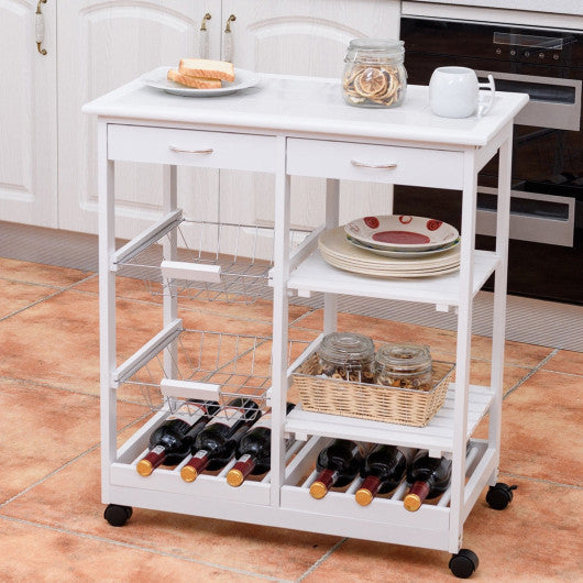 Costway White Rolling Wood Kitchen Trolley Cart Island Shelf w/ Storage Drawers Baskets New