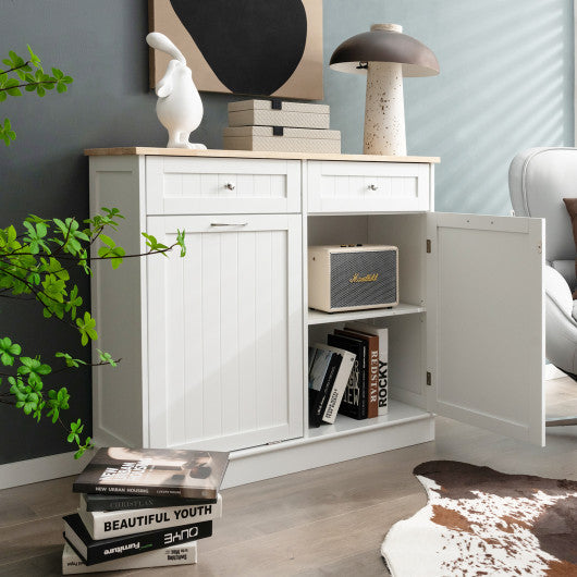 Costway White Rubber Wood Kitchen Trash Cabinet with Single Trash Can Holder and Adjustable Shelf