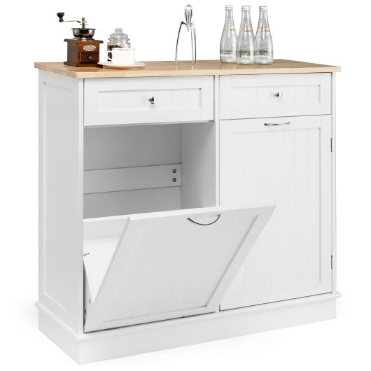 Costway White Rubber Wood Kitchen Trash Cabinet with Single Trash Can Holder and Adjustable Shelf