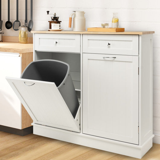Costway White Rubber Wood Kitchen Trash Cabinet with Single Trash Can Holder and Adjustable Shelf