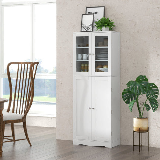 Costway White Tall Kitchen Pantry Cabinet with Dual Tempered Glass Doors and Shelves