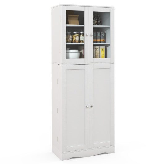 Costway White Tall Kitchen Pantry Cabinet with Dual Tempered Glass Doors and Shelves