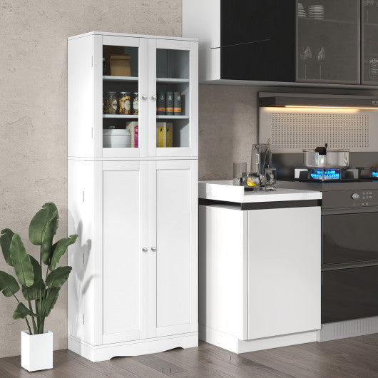 Costway White Tall Kitchen Pantry Cabinet with Dual Tempered Glass Doors and Shelves