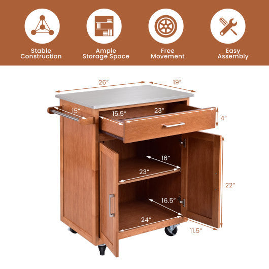 Costway Wooden Kitchen Rolling Storage Cabinet with Stainless Steel Top