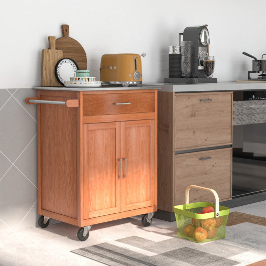 Costway Wooden Kitchen Rolling Storage Cabinet with Stainless Steel Top