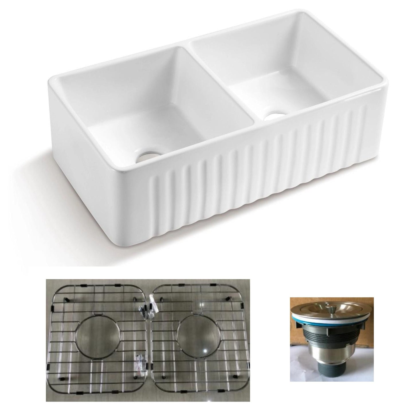 Crestone 33" x 19" Double Bowl Porcelain Kitchen Farmhouse Sink With Stainless Steel Grids and Basket Strainer