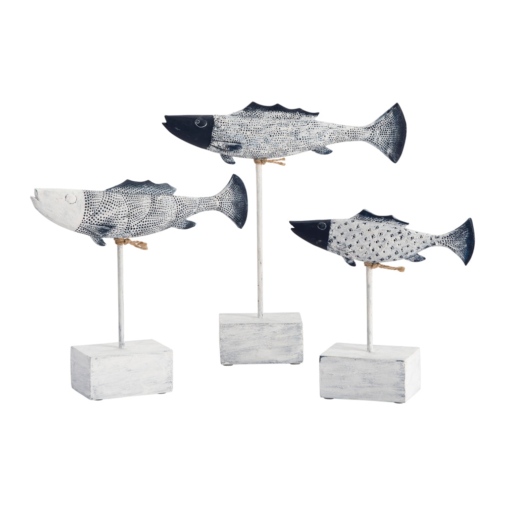 Crestview Collection 12" & 10" & 8" 3-Piece Coastal Resin Antique Fish Statues In Blue and White Finish