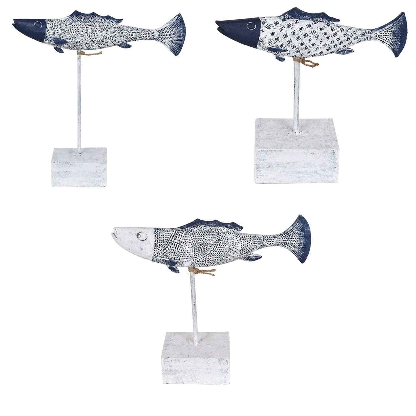 Crestview Collection 12" & 10" & 8" 3-Piece Coastal Resin Antique Fish Statues In Blue and White Finish