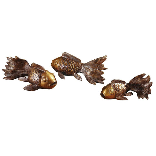 Crestview Collection 12" x 7" x 6" 3-Piece Coastal Resin Koi Statue In Antiqued Gold Finish