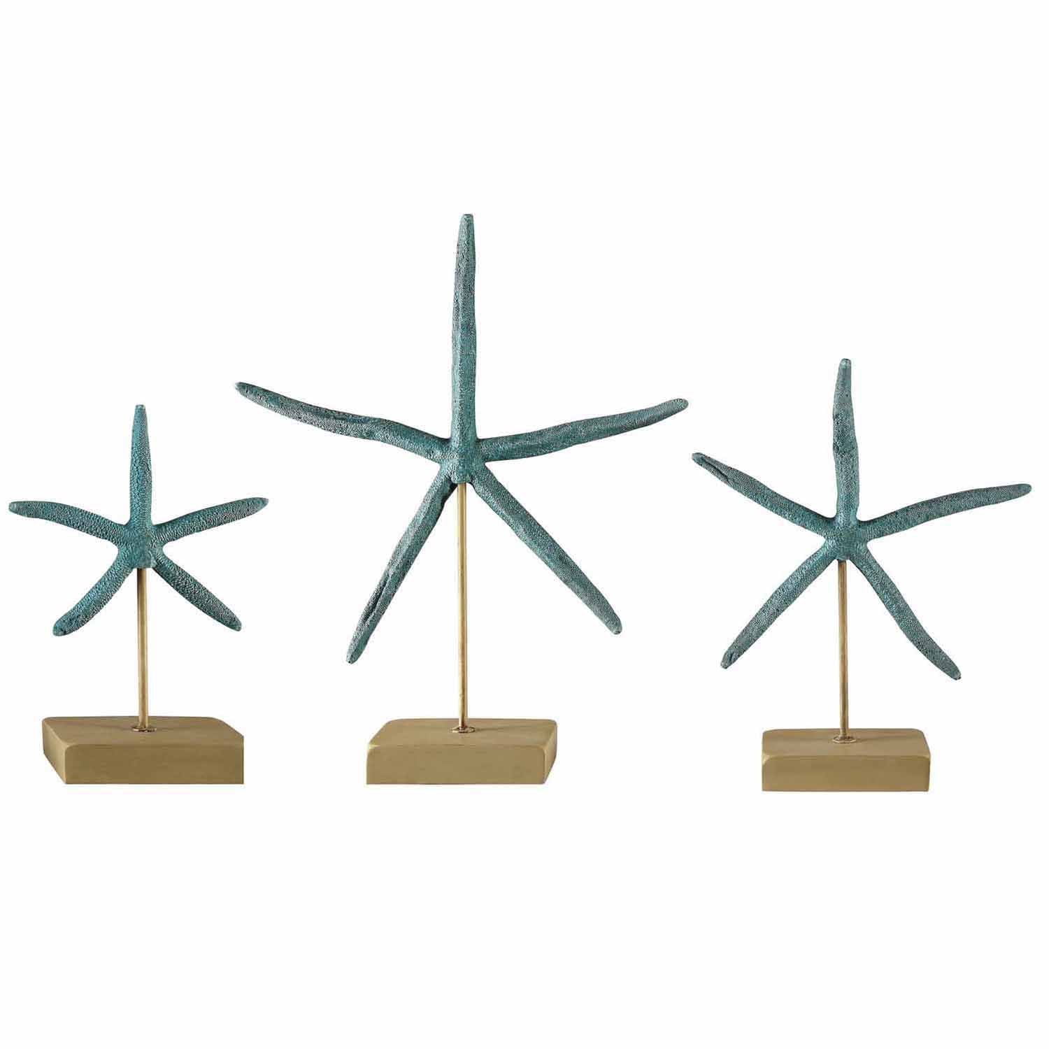 Crestview Collection 15" & 12" & 9" 3-Piece Coastal Resin Starfish Statue In Bleached Wood Finish