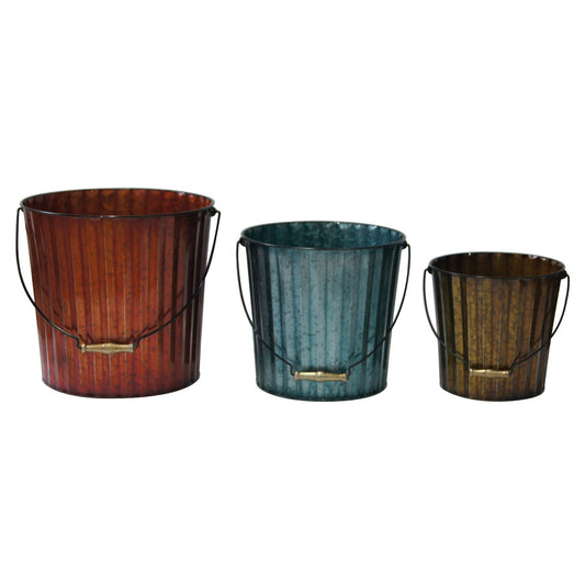 Crestview Collection 24" & 21" & 16" 3-Piece Transitional Metal Pales Decorative Container In Red Blue and Olive Green Finish