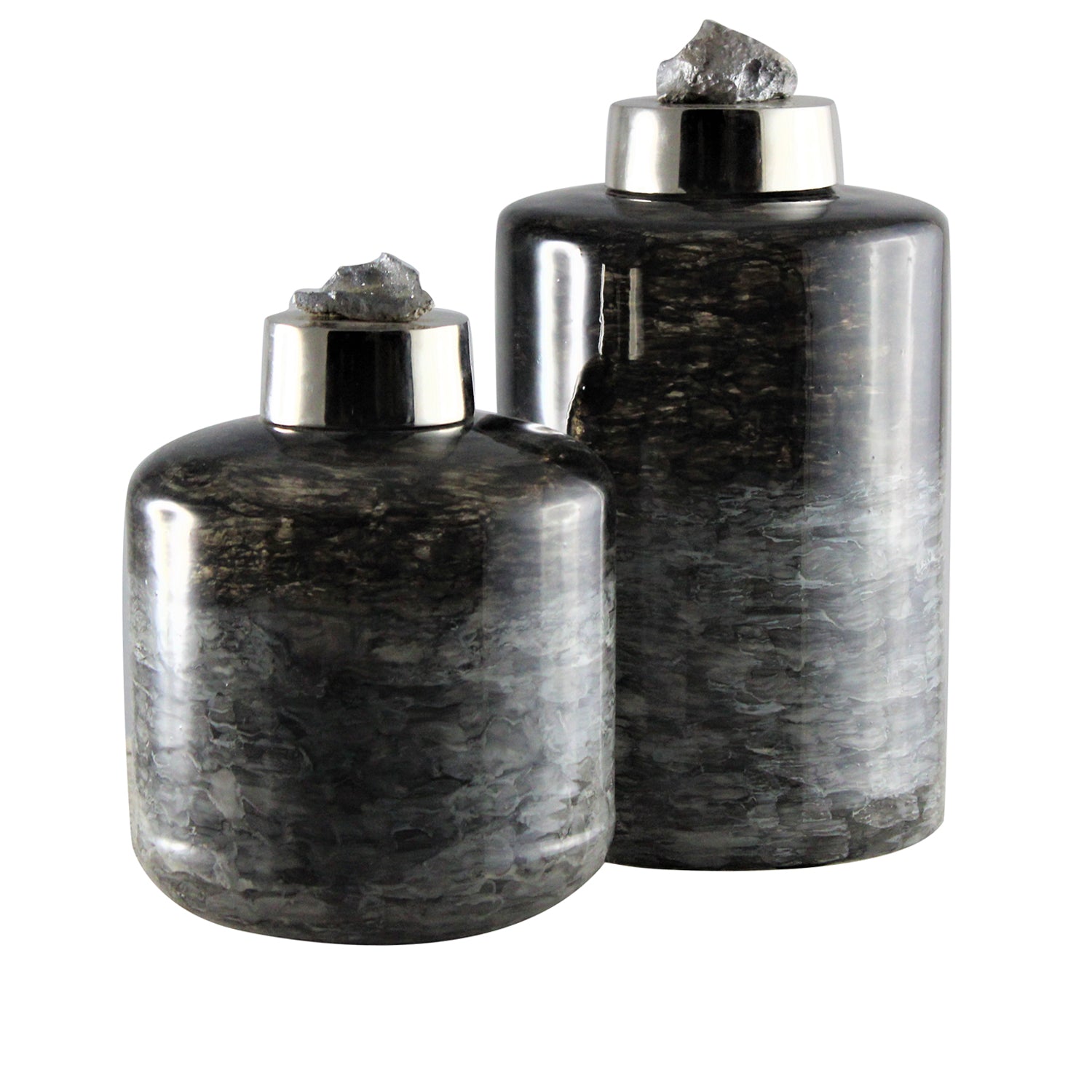 Crestview Collection Alban 11" & 8" Transitional Glass And Aluminum And Zeolite Lidded Container In Black and Gray Glass Finish