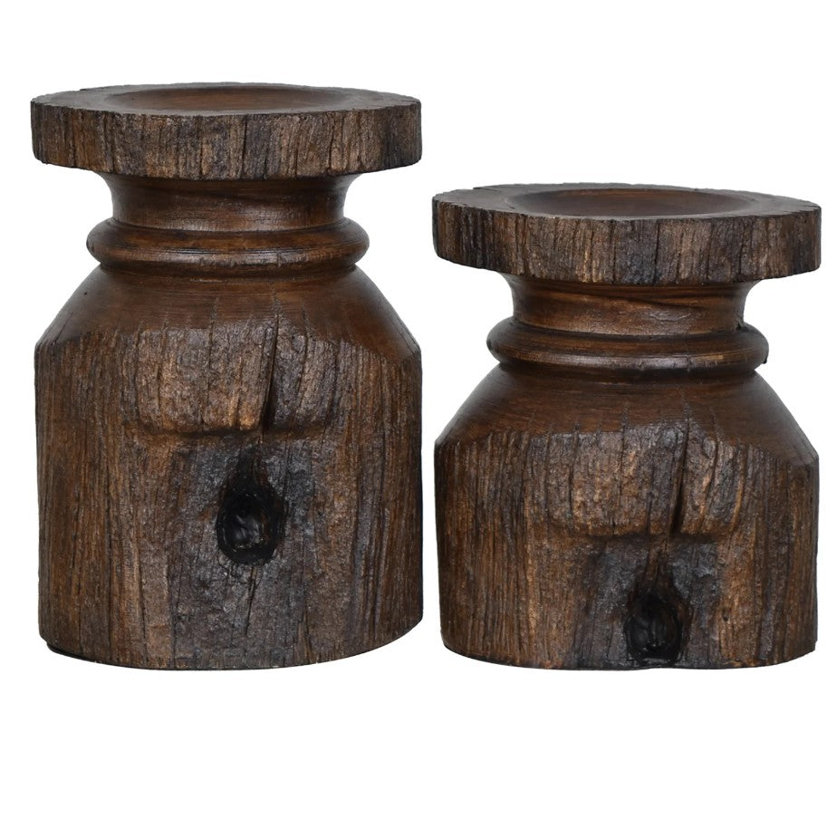 Crestview Collection Barn Post 8" & 7" 2-Piece Rustic Resin Candle Holder In Wood Finish