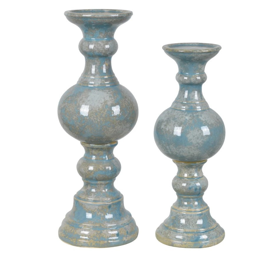 Crestview Collection Barrett 20" & 17" 2-Piece Traditional Ceramic Candle Holder In Aqua Marbled and Glazed Finish