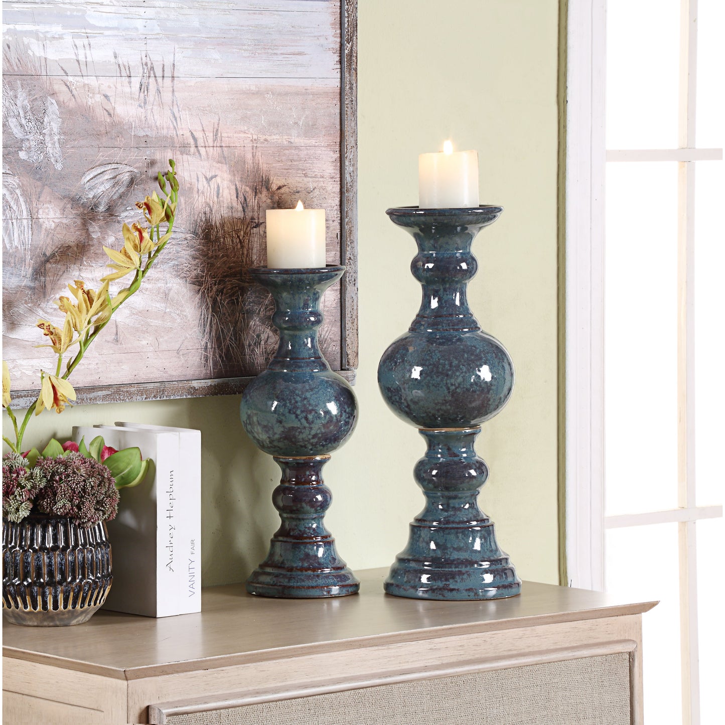 Crestview Collection Barrett 20" & 17" 2-Piece Traditional Ceramic Candle Holder In Teal Marbled and Glazed Finish