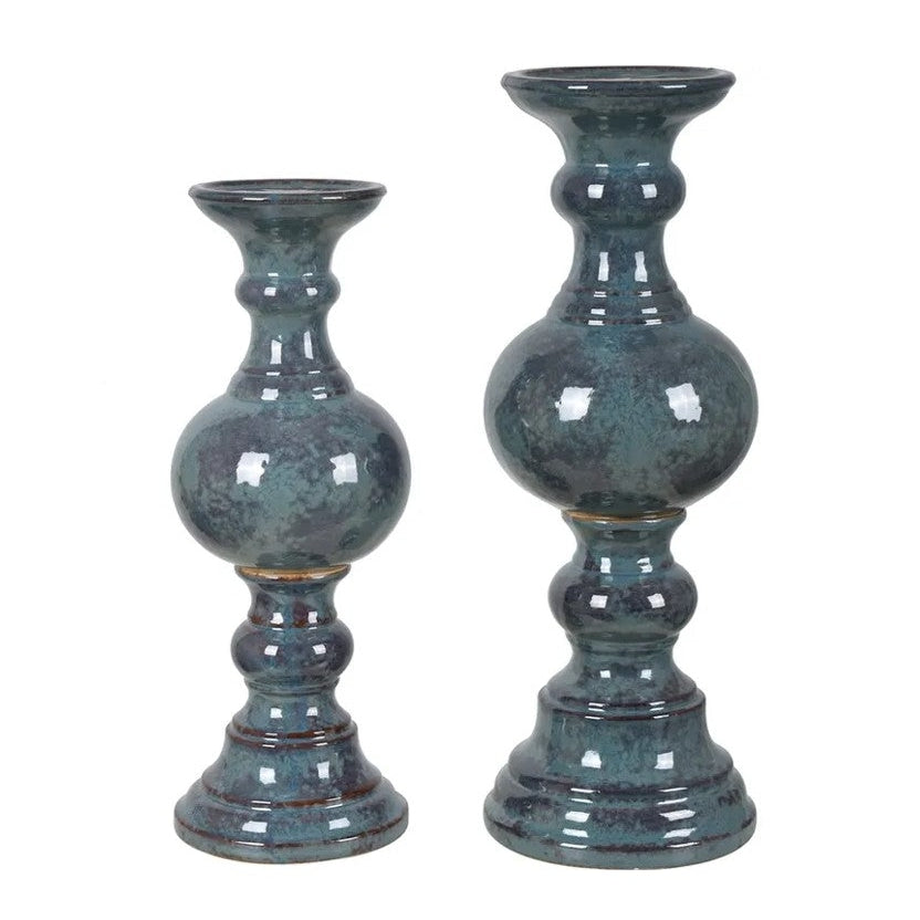 Crestview Collection Barrett 20" & 17" 2-Piece Traditional Ceramic Candle Holder In Teal Marbled and Glazed Finish