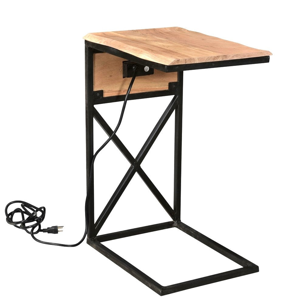 Crestview Collection Bengal Manor 14" x 18" x 25" Rustic Live Edge Acacia Wood And Metal C Side Table with USB Power In Natural Finish