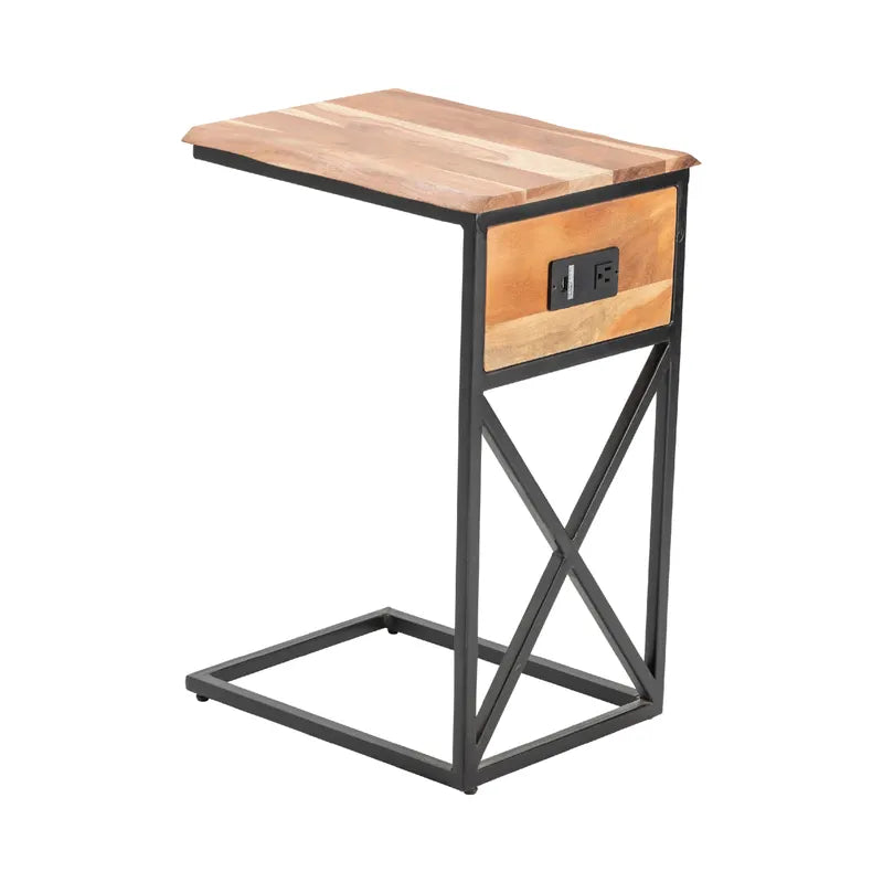 Crestview Collection Bengal Manor 14" x 18" x 25" Rustic Live Edge Acacia Wood And Metal C Side Table with USB Power In Natural Finish