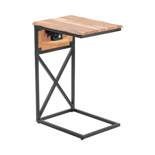 Crestview Collection Bengal Manor 14" x 18" x 25" Rustic Live Edge Acacia Wood And Metal C Side Table with USB Power In Natural Finish