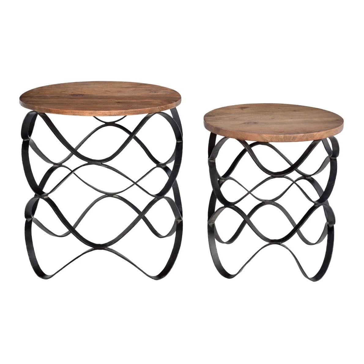 Crestview Collection Bengal Manor 22" x 22" x 24" Rustic Wavy Iron And Wood Set of Tables In Natural Wood and Black Finish