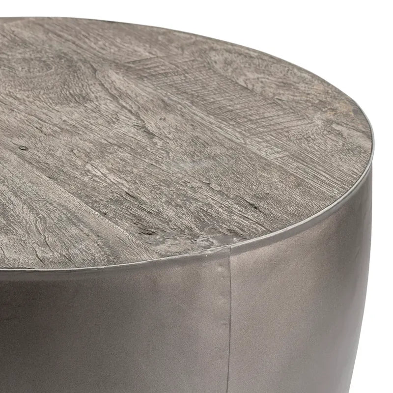 Crestview Collection Bengal Manor 24" x 24" x 23" Occasional Mango Wood And Pewter Metal Drum Base Round End Table In Distressed Grey Finish