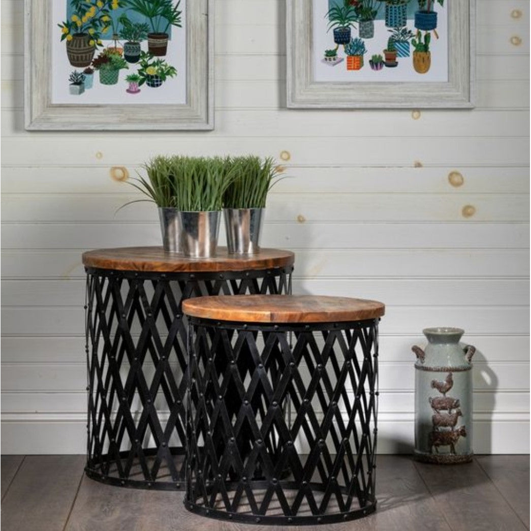 Crestview Collection Bengal Manor 24" x 24" x 25" Rustic Iron And Mango Wood Set of Tables In Natural Wood and Black Finish