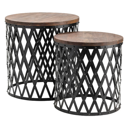 Crestview Collection Bengal Manor 24" x 24" x 25" Rustic Iron And Mango Wood Set of Tables In Natural Wood and Black Finish