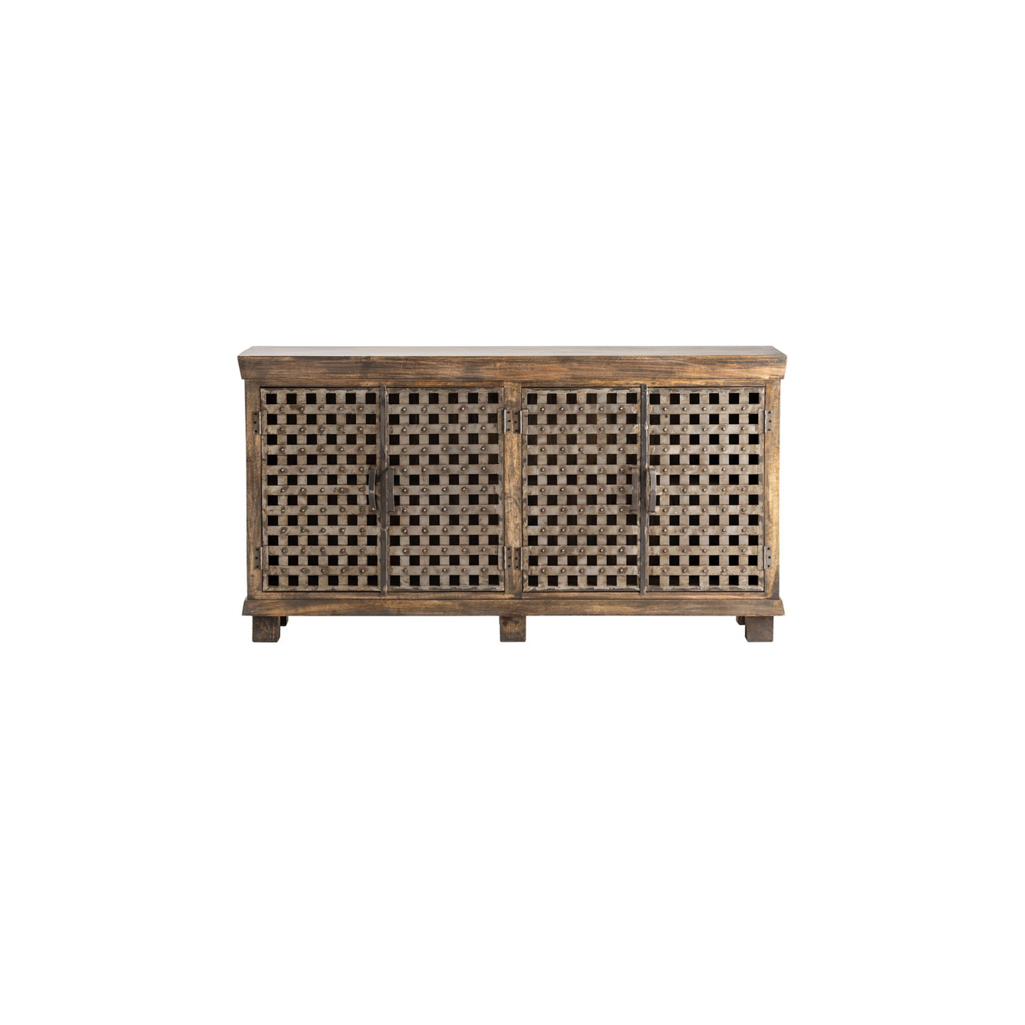 Crestview Collection Bengal Manor 38" x 72" x 18" 4-Door Rustic Brown Metal Lattice Work And Mango Wood Sideboard