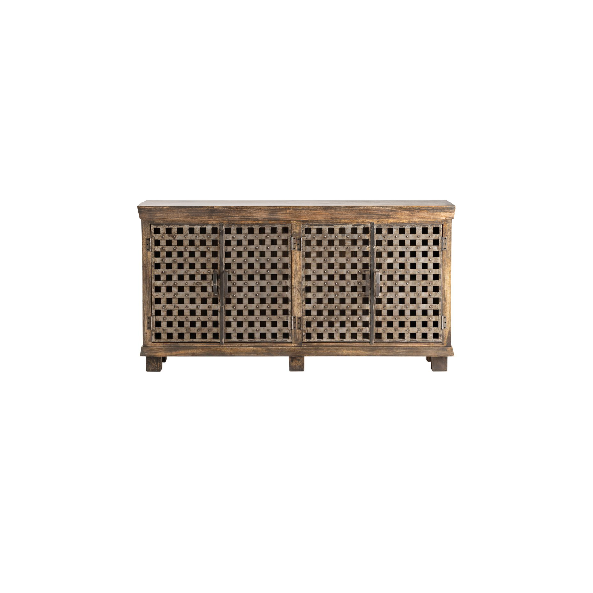 Crestview Collection Bengal Manor 38" x 72" x 18" 4-Door Rustic Brown Metal Lattice Work And Mango Wood Sideboard