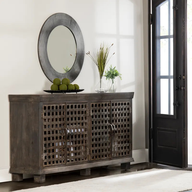 Crestview Collection Bengal Manor 38" x 72" x 18" 4-Door Rustic Brown Metal Lattice Work And Mango Wood Sideboard