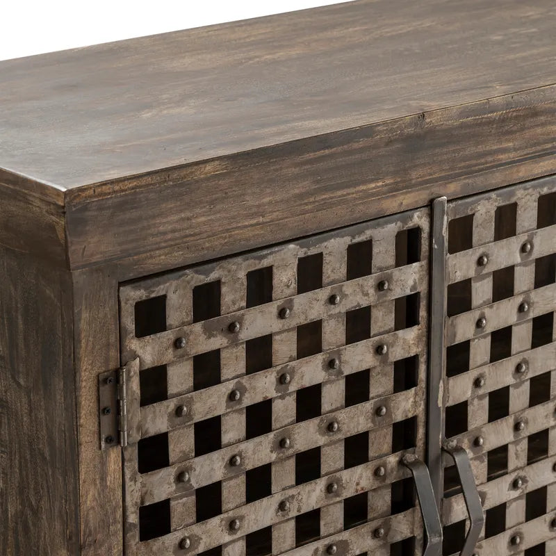 Crestview Collection Bengal Manor 38" x 72" x 18" 4-Door Rustic Brown Metal Lattice Work And Mango Wood Sideboard