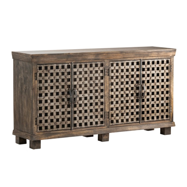 Crestview Collection Bengal Manor 38" x 72" x 18" 4-Door Rustic Brown Metal Lattice Work And Mango Wood Sideboard