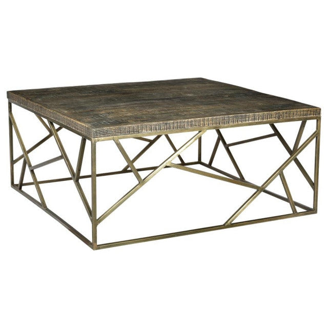 Crestview Collection Bengal Manor 40" x 40" x 18" Occasional Mango Wood Cocktail Table with Square Crazy Cut Iron In Aged Gold Finish