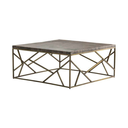 Crestview Collection Bengal Manor 40" x 40" x 18" Occasional Mango Wood Cocktail Table with Square Crazy Cut Iron In Aged Gold Finish