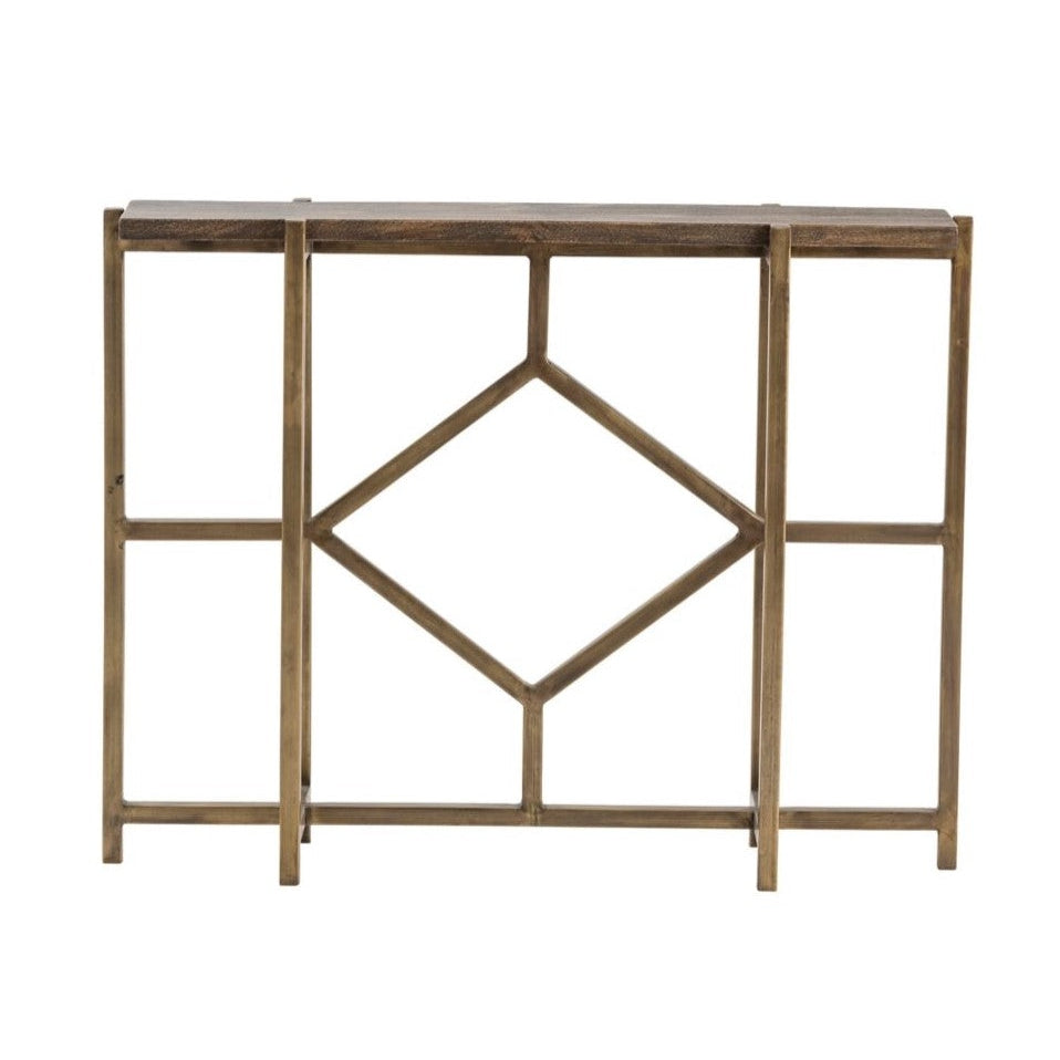 Crestview Collection Bengal Manor 42" x 10" x 32" Rustic Mango Wood And Iron Diamond Console In Antique Gold Finish