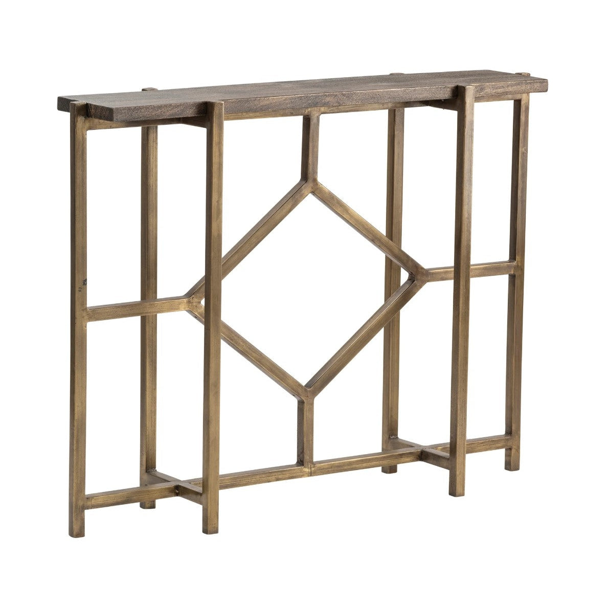 Crestview Collection Bengal Manor 42" x 10" x 32" Rustic Mango Wood And Iron Diamond Console In Antique Gold Finish