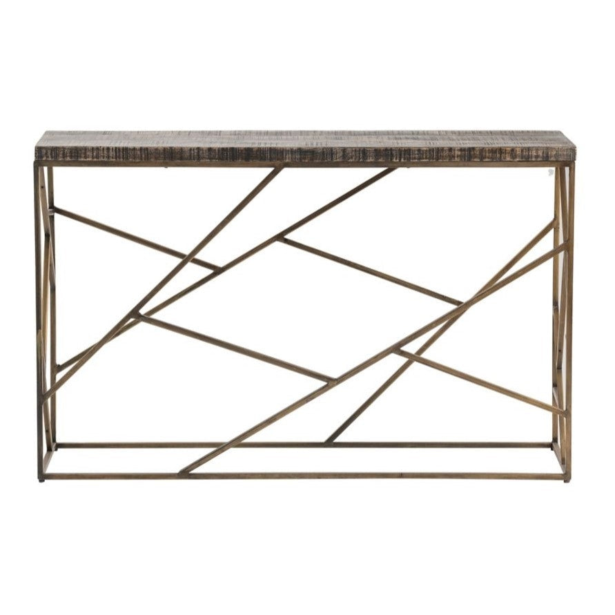 Crestview Collection Bengal Manor 51" x 15" x 32" Occasional Mango Wood Rectangle Console Table with Crazy Cut Iron In Aged Gold Finish In Burnished Ebony Finish