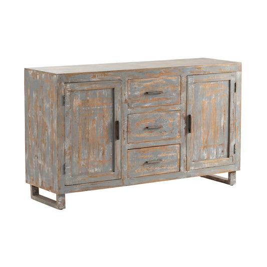Crestview Collection Bengal Manor 60" x 18" x 36" 2-Door 3-Drawer Rustic Mango Wood Sideboard In Heavily Distressed Gray Finish