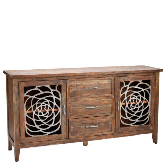 Crestview Collection Bengal Manor 66" x 17" x 34" 2-Door 3-Drawer Rustic Brown Acacia Wood And Aluminum Sideboard