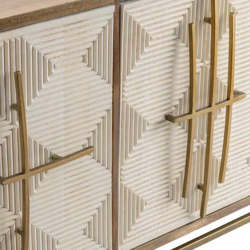 Crestview Collection Bengal Manor 69" x 16" x 34" 3-White-Pattern-Door Transitional Brown Mango Wood Sideboard With Unique Antique Gold Hardware