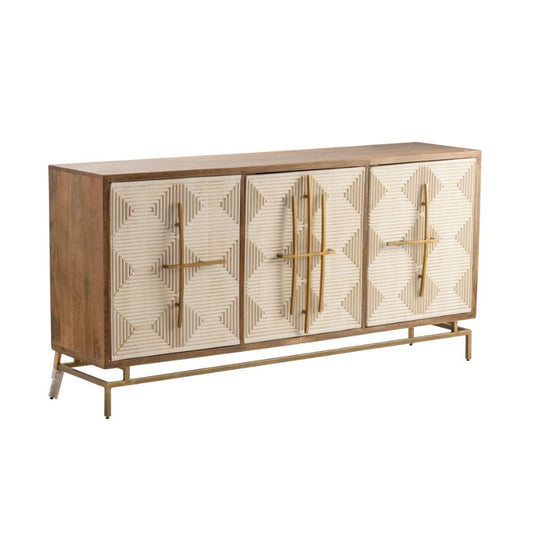 Crestview Collection Bengal Manor 69" x 16" x 34" 3-White-Pattern-Door Transitional Brown Mango Wood Sideboard With Unique Antique Gold Hardware