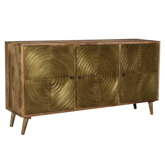 Crestview Collection Bengal Manor 69" x 16" x 35" 3-Metal-Circle Transitional Brown Natural Mango Wood Antique Brass Door Sideboard